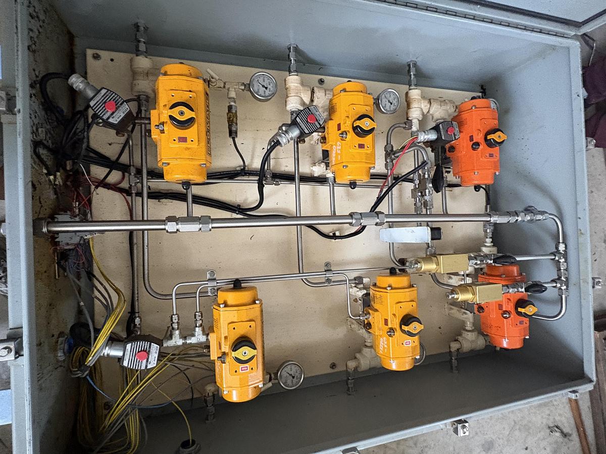 Used Trillium CNG Fast-Fill Priority Panel System — 6 Valve Main Priority Panel with Bettis Yellow Actuators + 4 Valve Storage Management Controller with Allen-Bradley POINT I/O 1734-AENTR