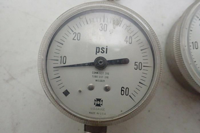 Used Lot of 6 USG 316 SST Tube Connection Welded 0-60 PSI Pressure Gauges