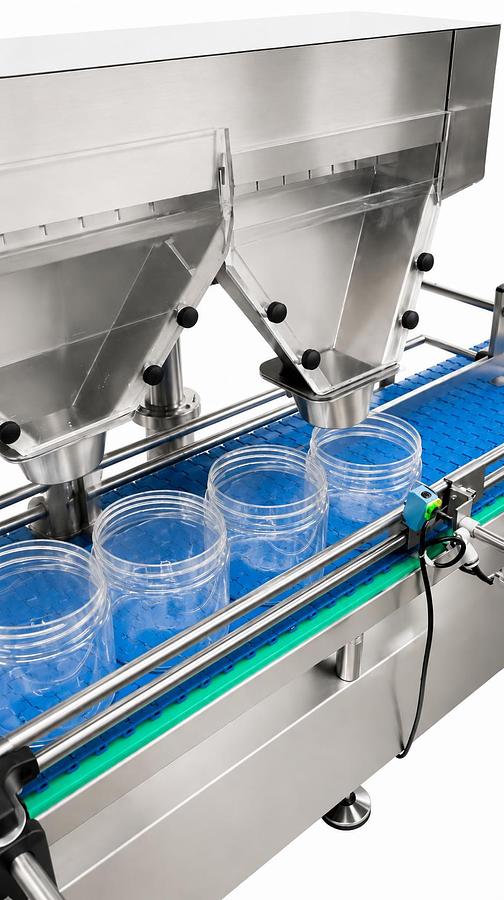 Automatic Counting and Dispensing Machine for Capsules: Automatic Unscrambler, Capper, Induction Sealer, Bottomless Conveyor, Labeling Machine, Neck Bander/Full Sleeve Applicator w/ Heat Tunnel, Accumulation Rotary Table