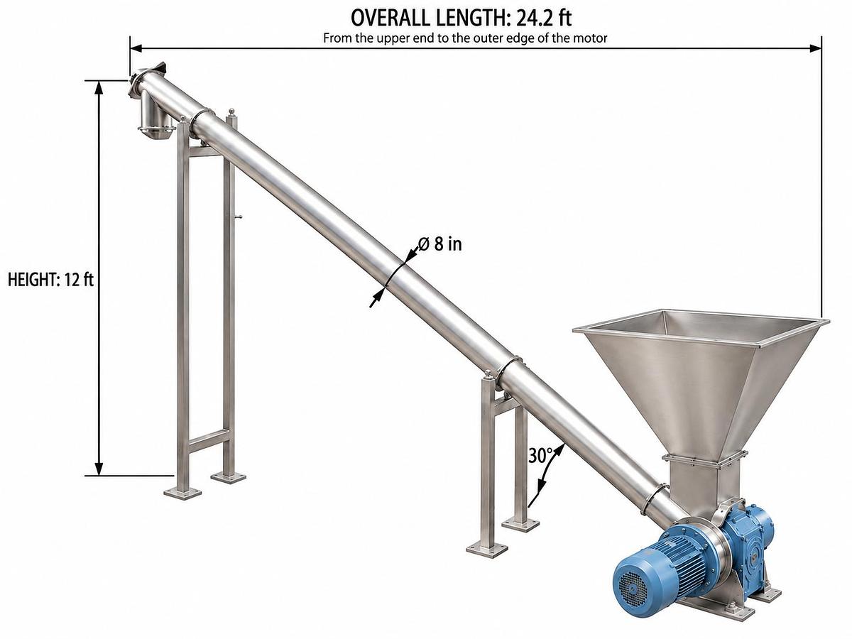 Two (2) 23 Feet Long By 8.5" In Diameter Screw Conveyors With Hopper And Base (Inclined)