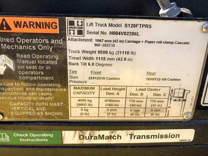 Used 12,000 POUND HYSTER ROLL CLAMP TRUCK MODEL S120FTPRS W/ 60" CLAMP MFG. 2013