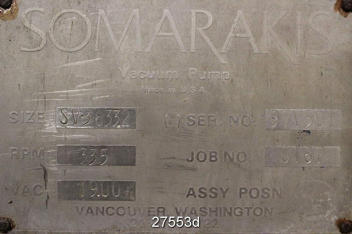 Used Somarakis SV3633.2 Somarakis Vacuum Pump, Cast Iron Rotor, Cast Iron Body, Packing, Sv3633.2, Compares To A Nash Cl4002, 20 Vane Rotor. Pos 4 #27553