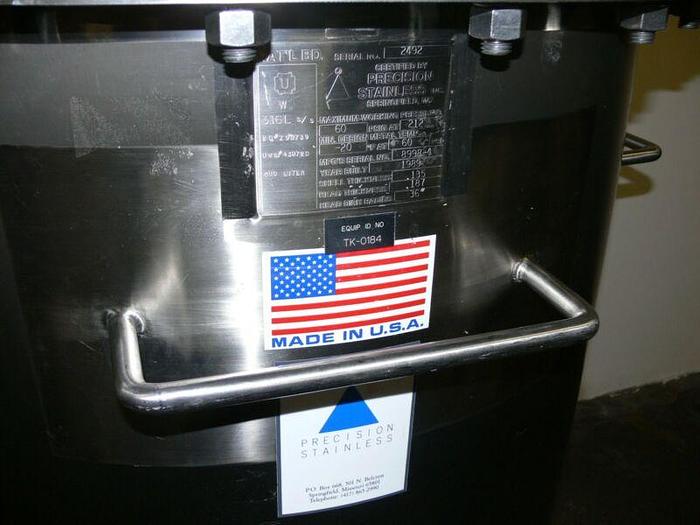 Used Precision 500 Liter 316L Stainless Steel Reactor / Pressure Vessel Rated 60 PSI