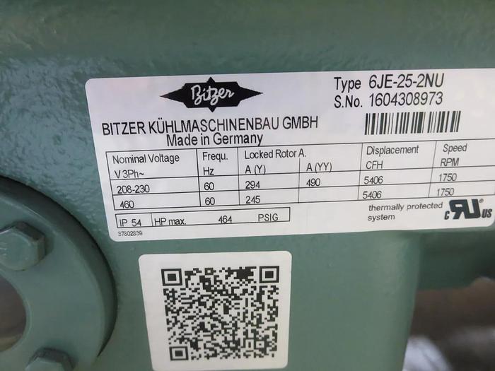Used Bitzer 6JE-25-2NU-2D Compressor 208-230/460VAC 60HZ 3PH Semi-Herm Therm Prot NOB