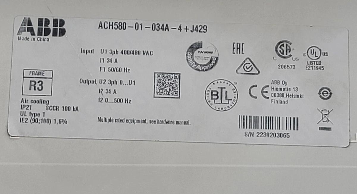 Used ABB ACH580-01-034A-4 25HP VFD 460V 34.0A VT N1