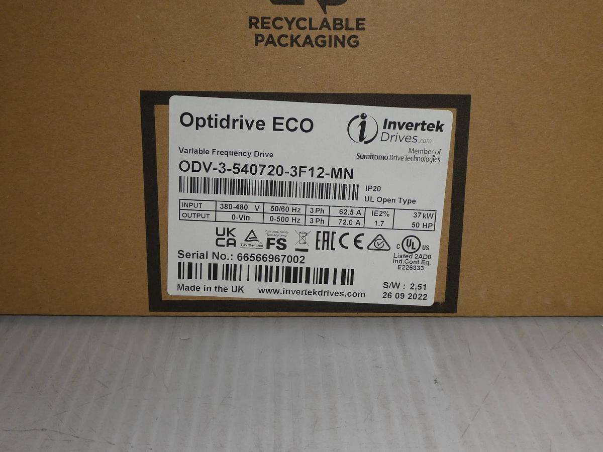 Invertek ODV-3-540720-3F12-MN 50hp 72A 380-480V 3 Phase Input/Output