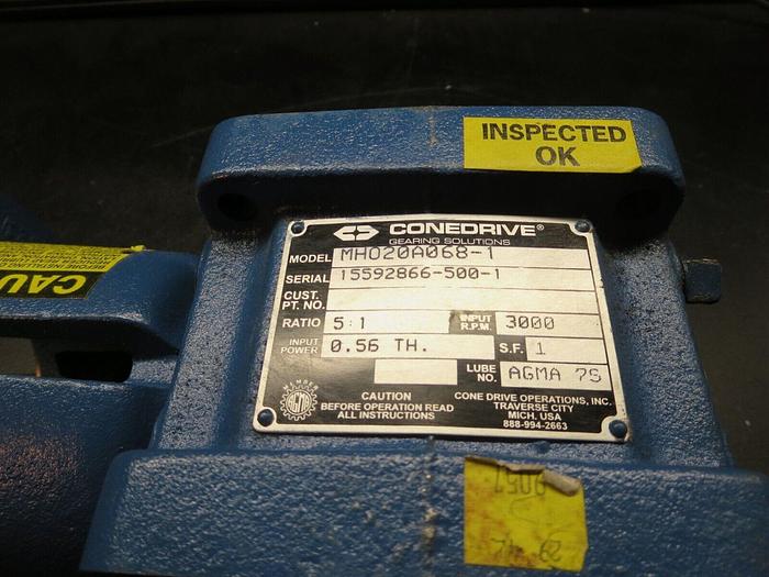 Used Cone Drive MHO20A068-1 Gear Speed Reducer Ratio 5:1 In RPM 3000 In Pwr: 0.56 TH
