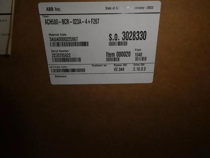 Used ABB ACH580-BCR-023A-4+F267 AC Drive Pld 15Hp 23A 440-480V