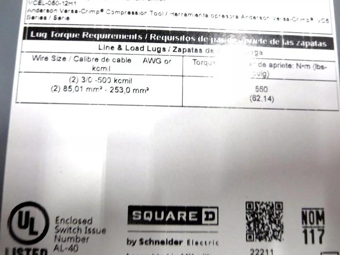 Used Square D/Schneider Electric H366 Safety Switch 600A 600VAC/DC 50/60Z 500HP