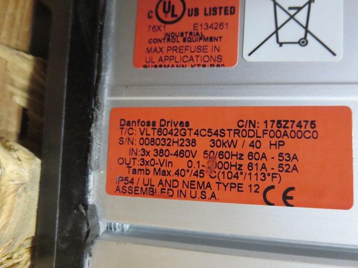 Used Danfoss VLT6042GT4C54STROLDF00A00C0 Variable Freq Drive 30 KW 40 HP 380-460 VAC