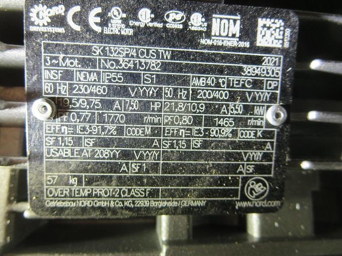 Used Nord 10607 Helical Bevel GearMotor Gearbox 7.5HP 3PH 200-460VAC