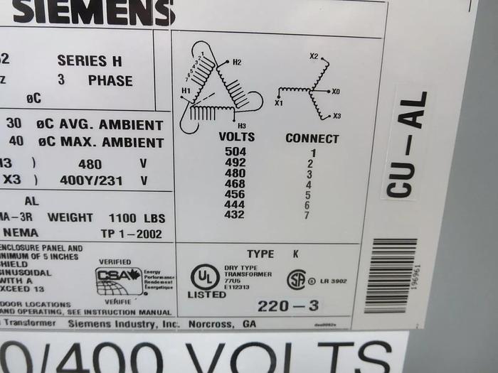 Used Siemens 196961 Xfmr Dry Type 150KVA 60HZ 3PH Pri 480V Sec 400Y/231V Parts/Repair