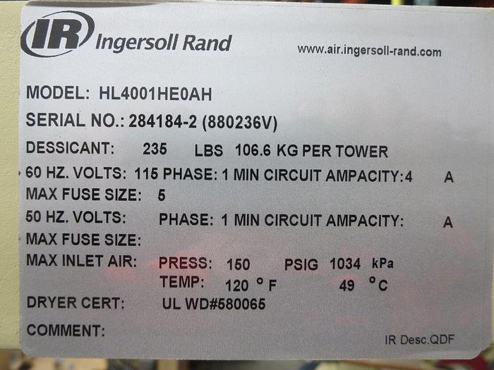 Used Ingersoll Rand HL4001HEOAH Dryer Heatless Desiccant 115VAC 60HZ 1PH 4A Powers On