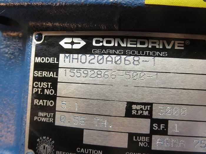 Used Cone Drive MHO20A068-1 Gear Speed Reducer Ratio 5:1 In RPM 3000 In Pwr: 0.56 TH
