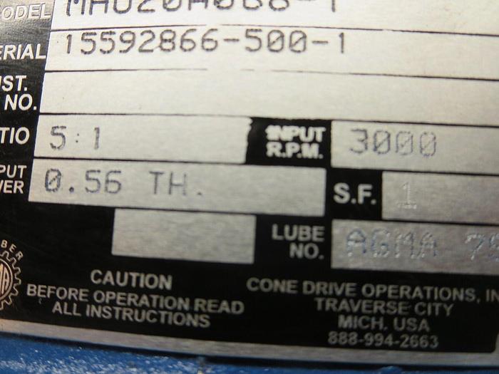 Used Cone Drive MHO20A068-1 Gear Speed Reducer Ratio 5:1 In RPM 3000 In Pwr: 0.56 TH