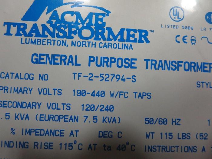Used Acme Transformer TF-2-52794-S General Purpose Xfmr 7.5 KVA 1PH See Description