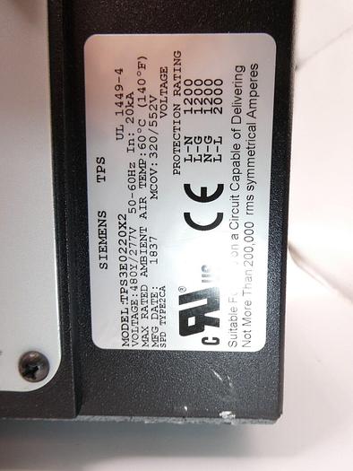 Used Siemens TPS3E0220X2 SPD2 02 INT 277/480V 200KA SC ; TPS3E0220X2