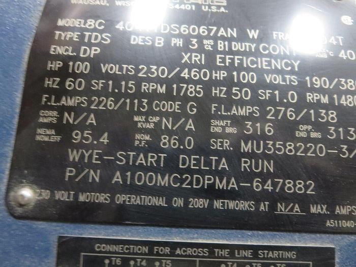 Used Marathon 8C 404TTDS6067AN A100MC2DPMA-647882 Electric Motor 100 HP Cont Duty
