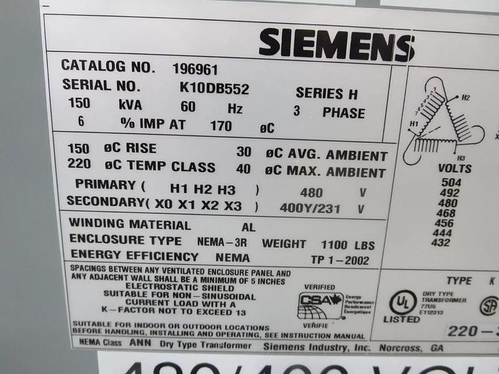 Used Siemens 196961 Xfmr Dry Type 150KVA 60HZ 3PH Pri 480V Sec 400Y/231V Parts/Repair