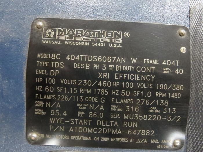 Used Marathon 8C 404TTDS6067AN A100MC2DPMA-647882 Electric Motor 100 HP Cont Duty