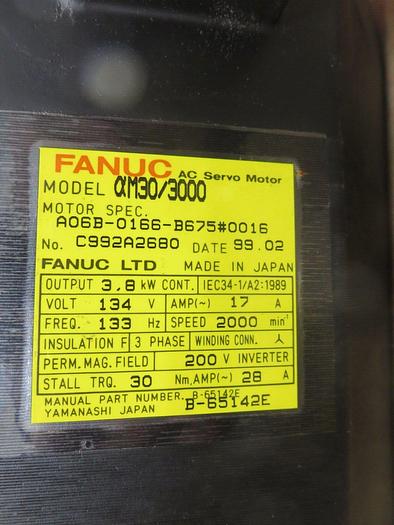 Used Fanuc QM30/3000 AC Servo Motor Out: 3.8KW Cont 134V 17A Freq 133HZ 3PH