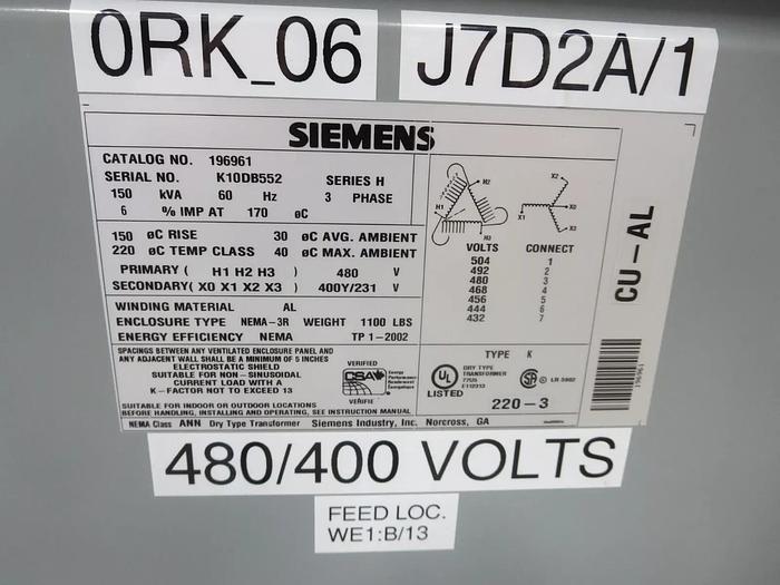 Used Siemens 196961 Xfmr Dry Type 150KVA 60HZ 3PH Pri 480V Sec 400Y/231V Parts/Repair