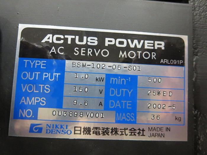 Used Actus Power (Nikki Denso) BSM-102-05-S01 AC Servo Motor See Data Plate For Specs