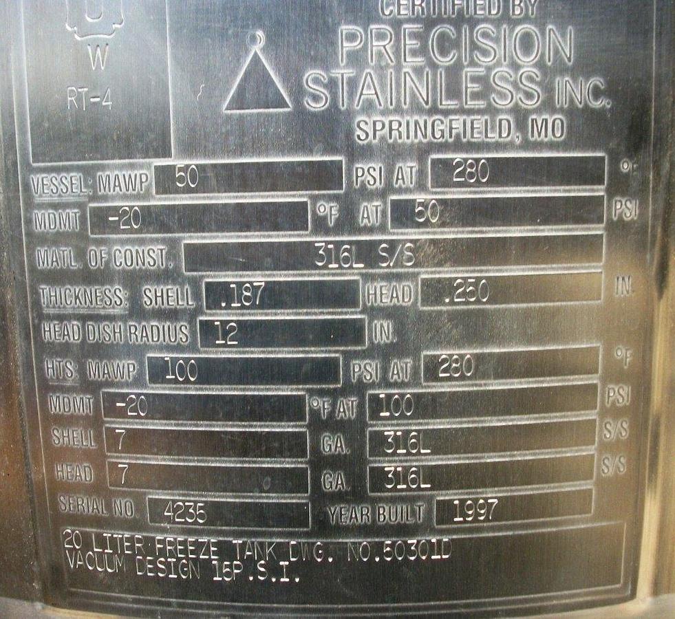 Used Tank, 5 Gallon, 316 Stainless Steel, Jacketed, 50 PSI, FV, 12" x 12", #C743997