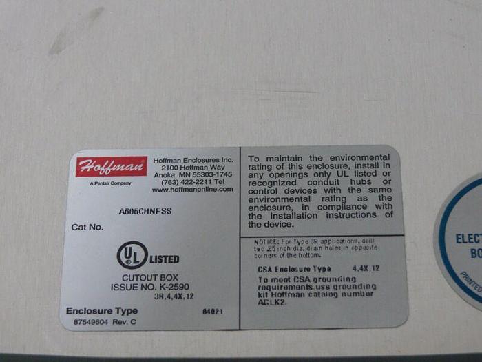 Used Hoffman J BOX A606CHNFSS HINGED COVER 6" X 6" X 4"