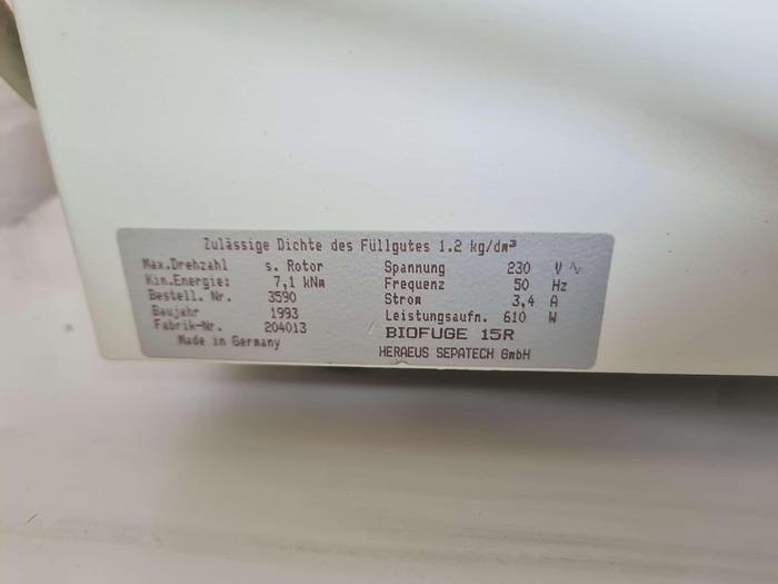 Used Hereaus Sepatech Biofuge 15R Refrigerated Centrifuge 