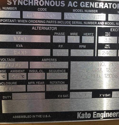Used 1050kW KATO Single Bearing Brushless Synchronous Generator End