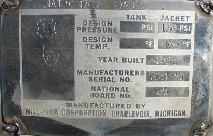 Used 1,100 GALLON WILL FLOW VERTICAL MIX TANK - 150 PSI JACKET