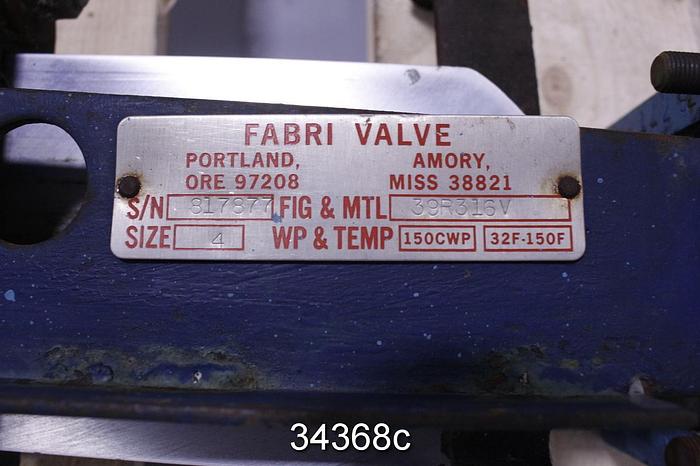 Used Fabri 4" Air Operated Thru-Gate Knife Gate Valve #34368