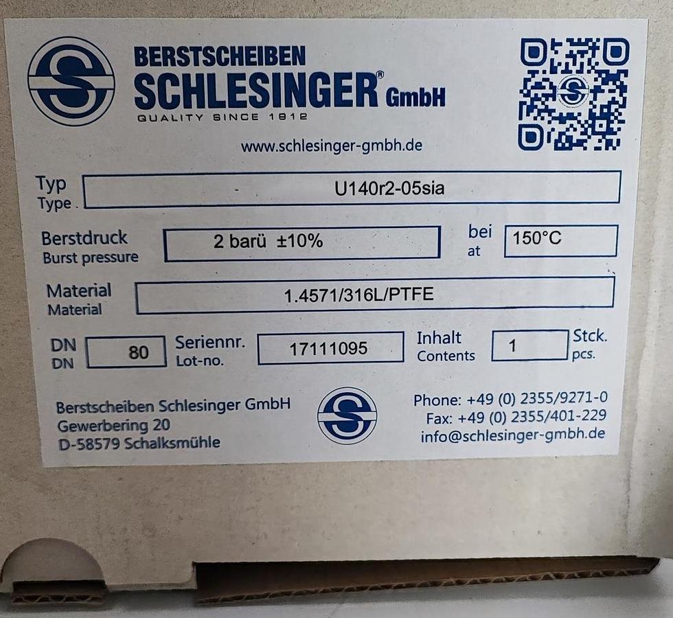 SCHLESINGER Berstscheiben U140r2-05sia Berstdruck: 2 barü ±10% 1.4571/316L/PTFE DN80