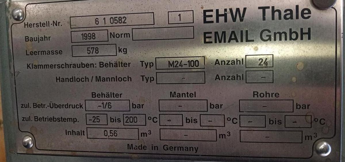 Gebraucht Thale Stahl/Emaile Druckbehälter 560 ltr/-1-6 bar