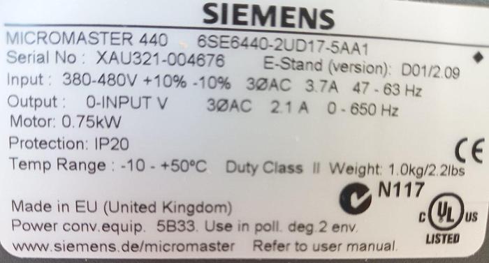 Siemens Micromaster 440 Frequenzumrichter 6SE6440-2UD17-5AA1