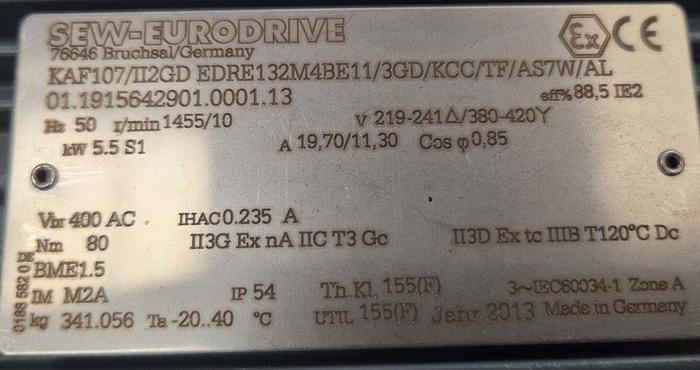 SEW-Eurodrive Motor mit integriertem Getriebe KAF107/II2GD EDR132M4BE11/3GD/KCC/TF/AS7W/AL