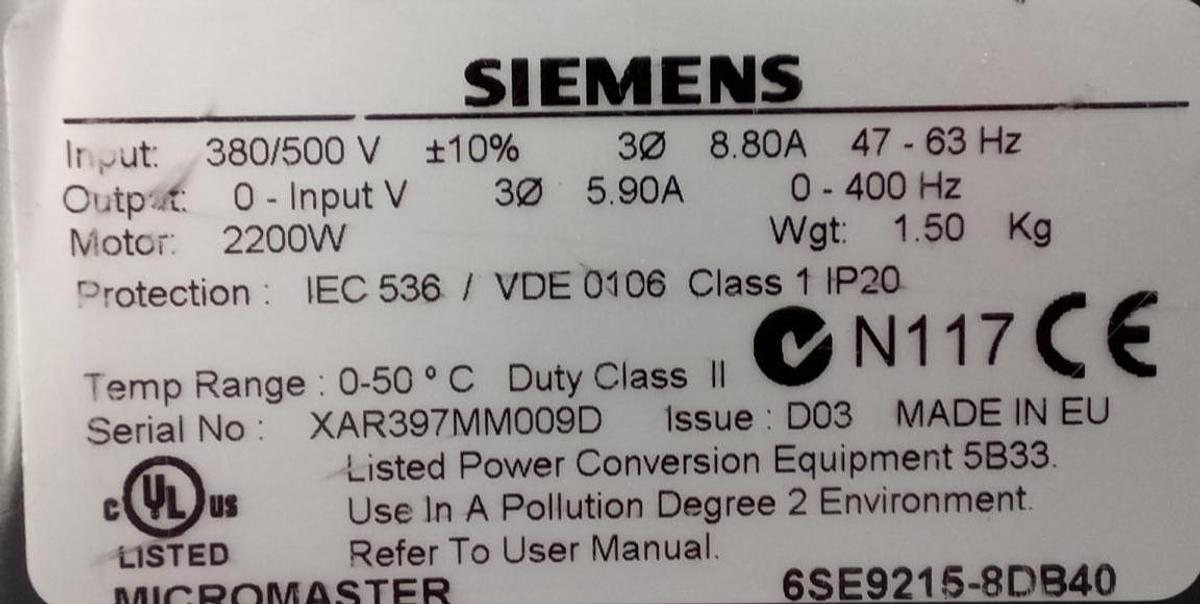 Gebraucht Siemens Micromaster Frequenzumrichter 6SE9215-8DB40