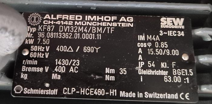 Alfred Imhof KF87 DV132M4/BM/TF Stirnradgetriebe mit SEW Eurodrive Moto