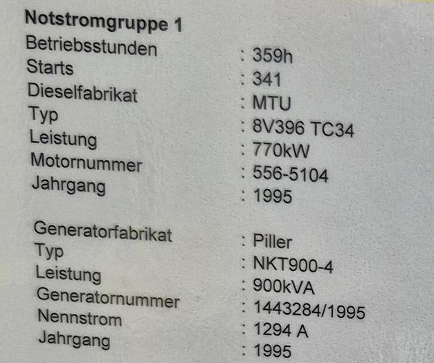 Gebraucht MTU Diesel-Notstromaggregat 8V396 TC34 mit Piller Generator NKT900-4