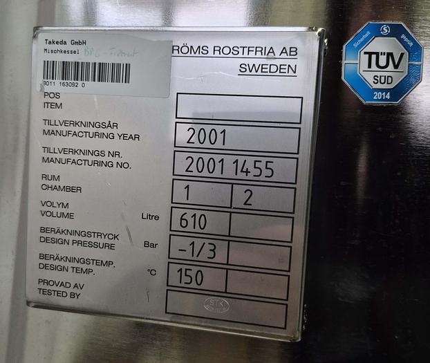 Used Stålröms Rostfria AB, Schweden Mischkessel 610 Liter