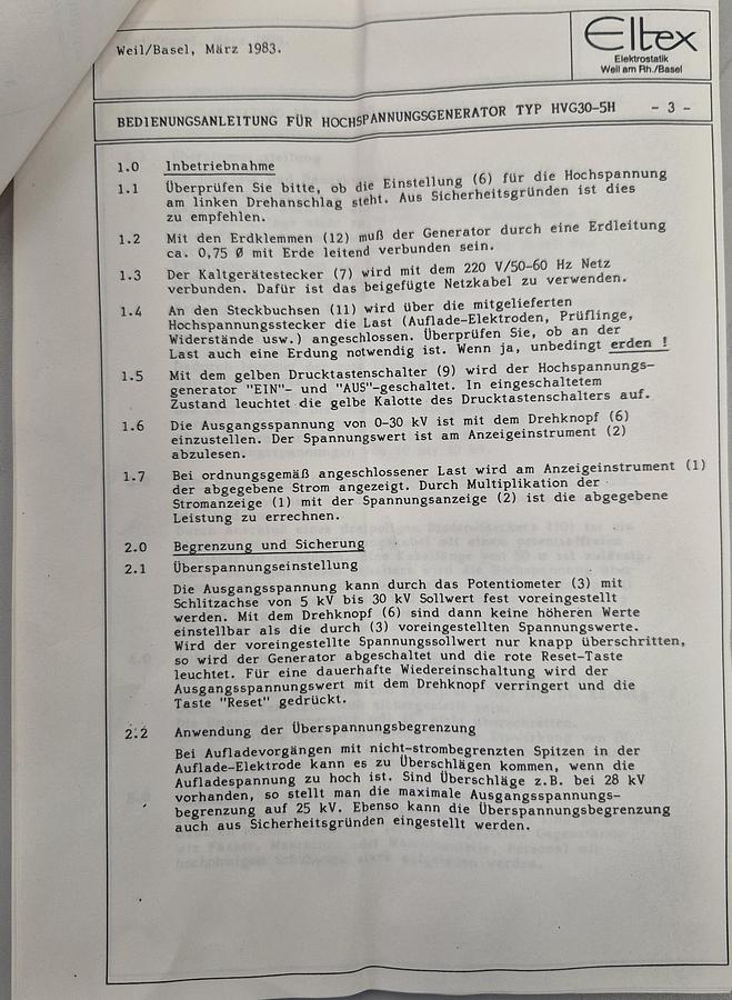 Gebraucht Eltex Hochspannung Generator HVG30-5/H
