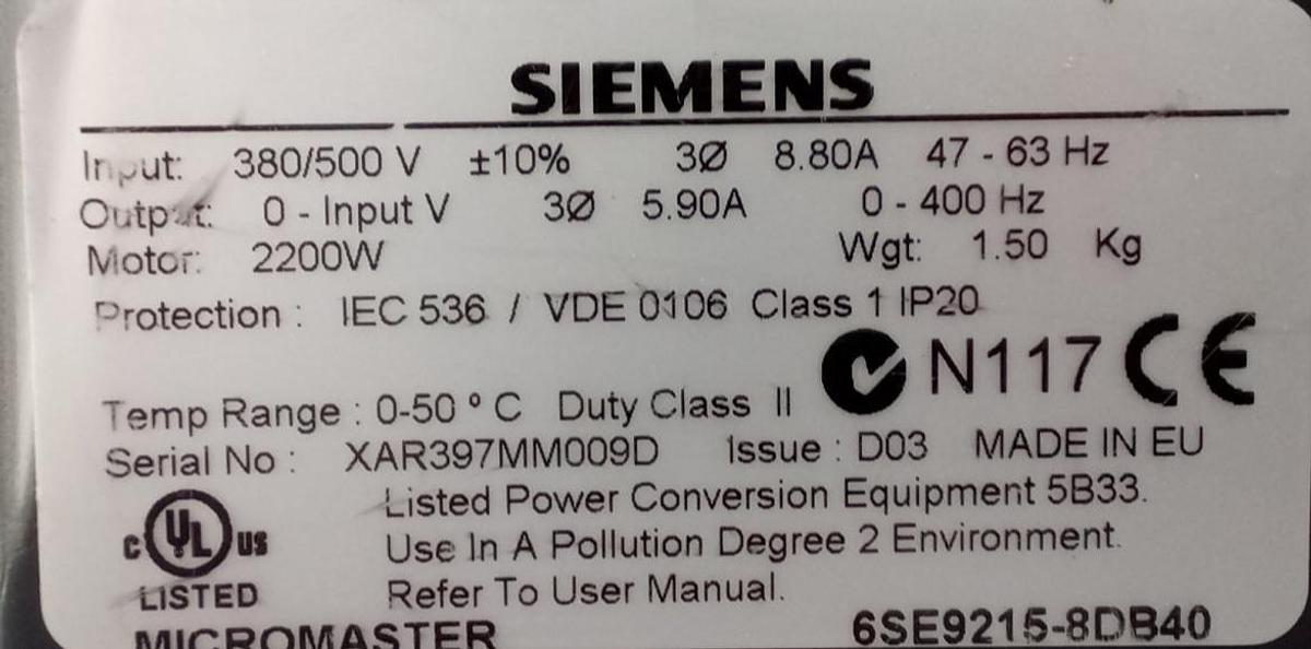 Gebraucht Siemens Micromaster Frequenzumrichter 6SE9215-8DB40