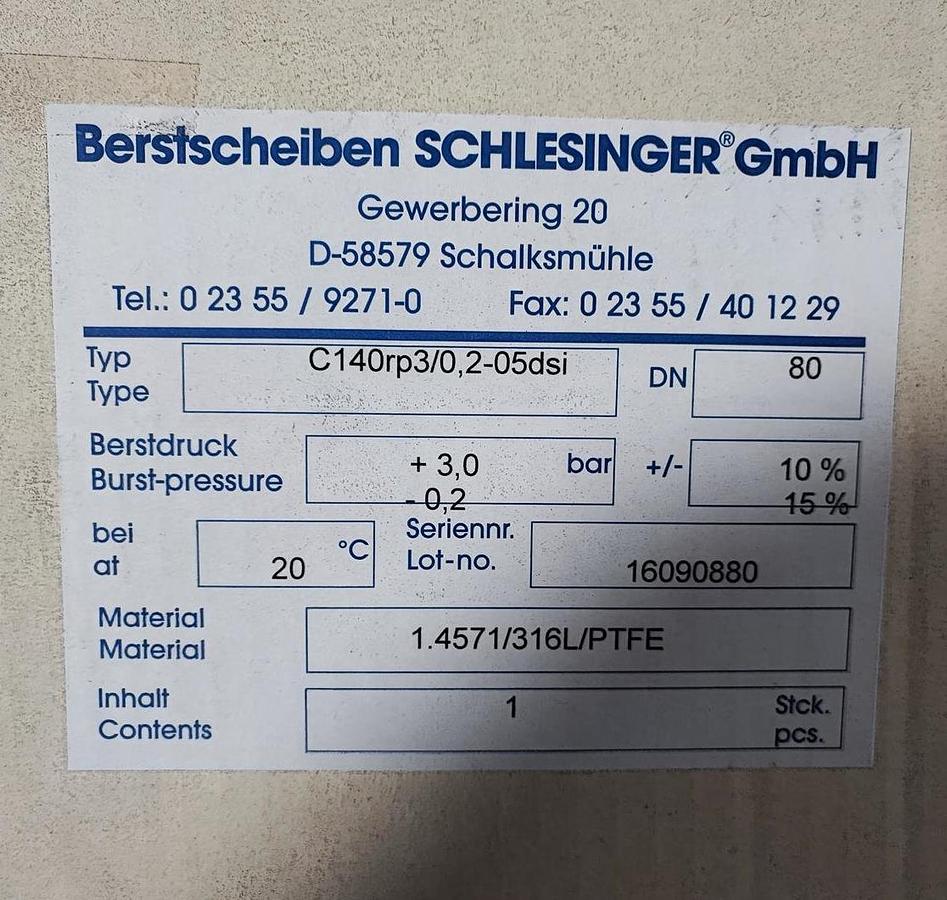 SCHLESINGER Berstscheiben C14Orp3/0,2-05dsi Berstdruck: +3,0 bar / -0,2 bar 1.4571/316L/PTFE DN80