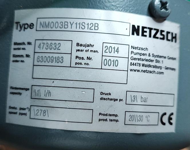 Gebraucht 2014 Netzsch Exzenterschneckenpumpe NM003BH06S12F mit Motor