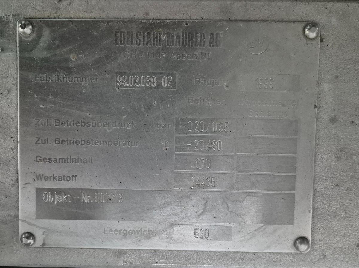 Used Edelstahl-Maurer AG IBC-Behälter mit Halar-Beschichtung 670 ltr.