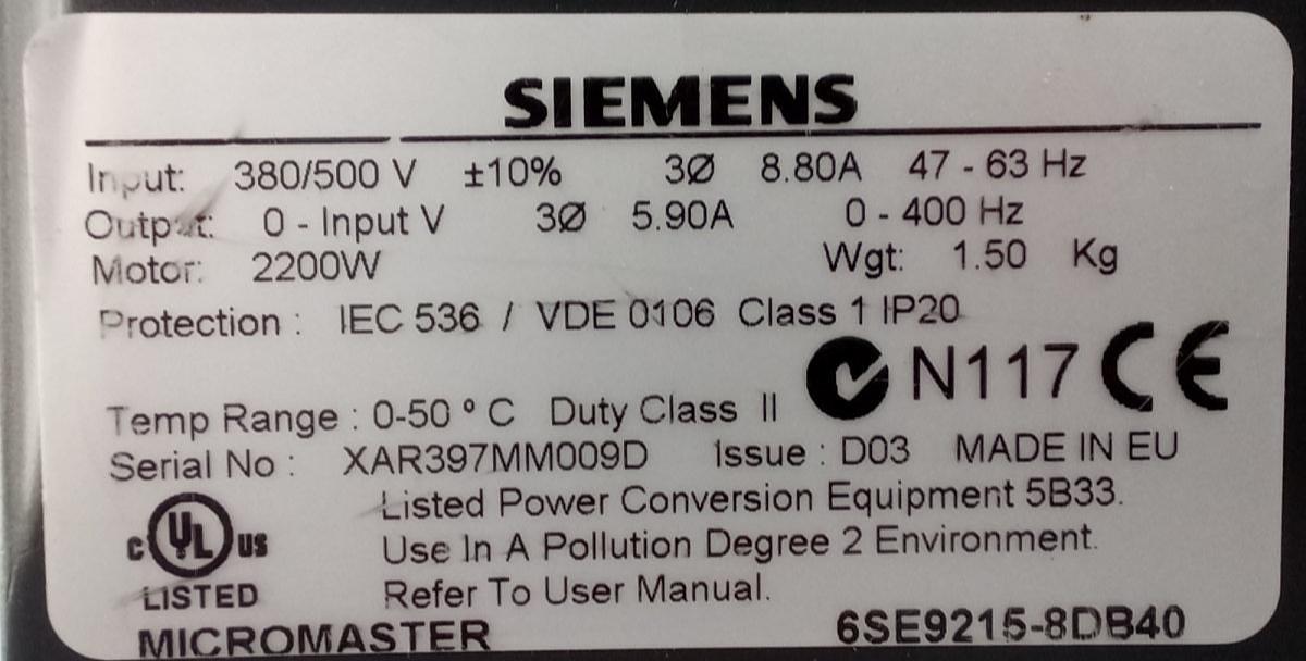 Gebraucht Siemens Micromaster Frequenzumrichter 6SE9215-8DB40