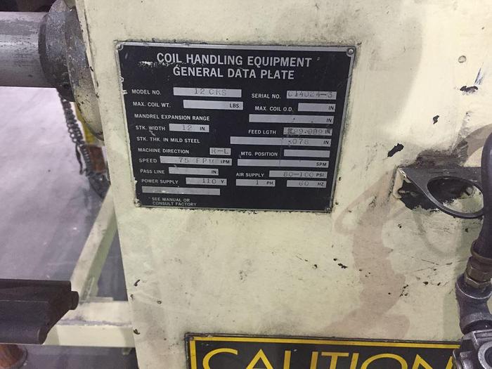 Used 3,000 LB X 12” X .078” CWP COIL REEL & STRAIGHTENER