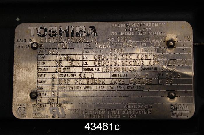 Used Toshiba A/C Motor, 100 Hp, 1775 Rpm, 575 Volts #43461