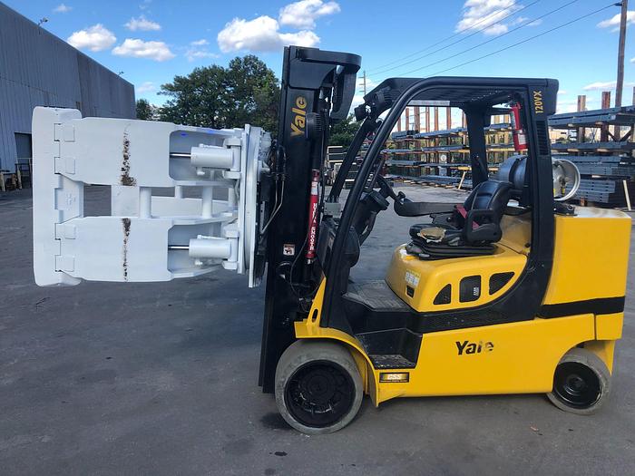 Used 12,000 POUND YALE ROLL CLAMP TRUCK MODEL GLC120VXPRS W/ 72" CLAMP MFG. 2015 RAISED MAST 185"